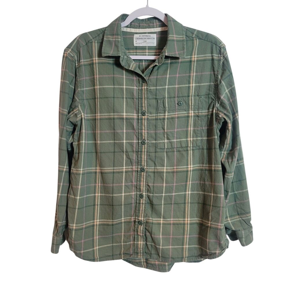 REI‎ Cooperative Button Up Flannel Shirt Women's Size Large L Green Plaid Cotton